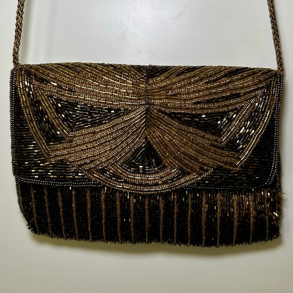Unbranded Handbags - Gold Beaded Evening Bag with Delicate Gold Rope Strap